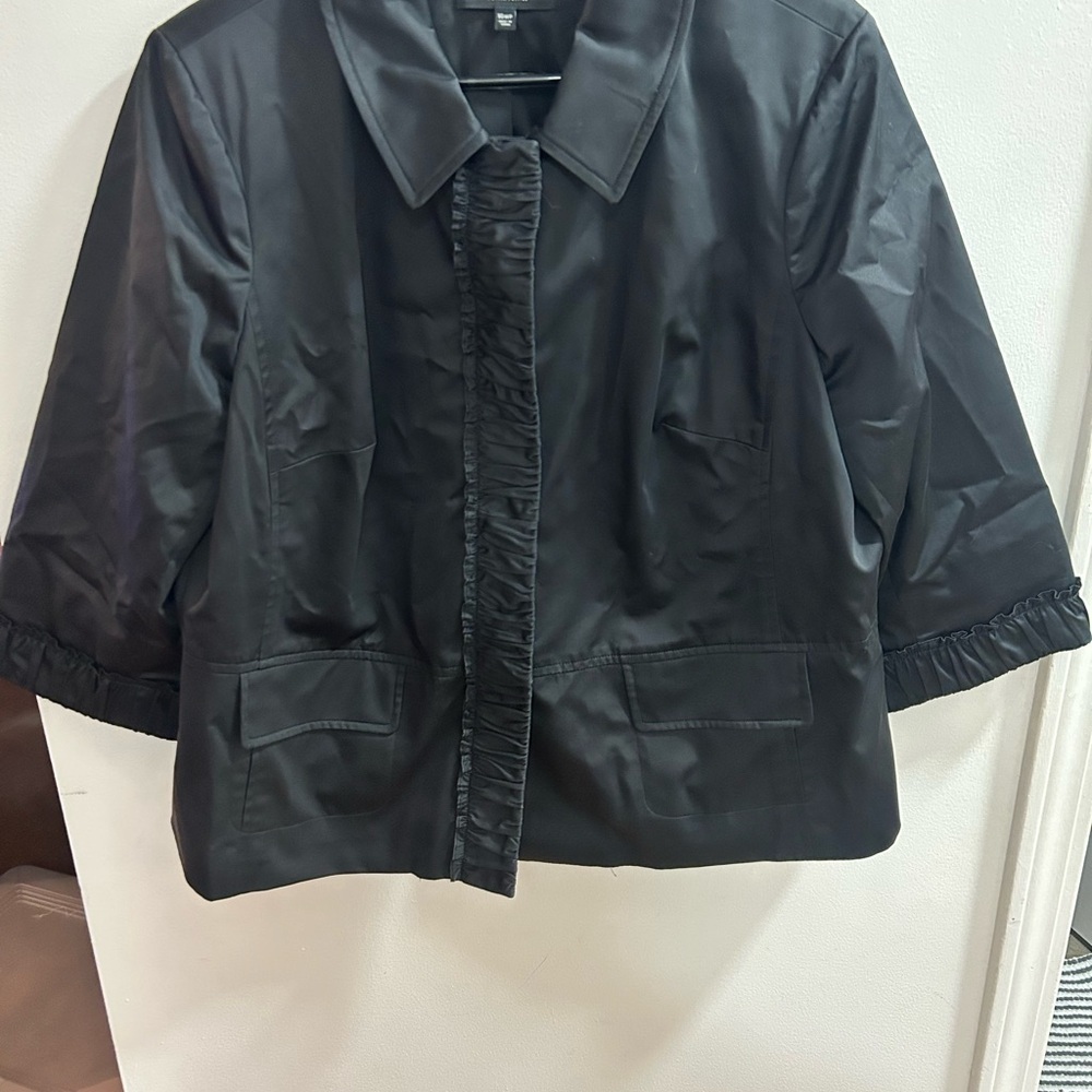 Talbots black jacket ruffle detailing  front & cuffs cotton stretch plus sz 16W‎